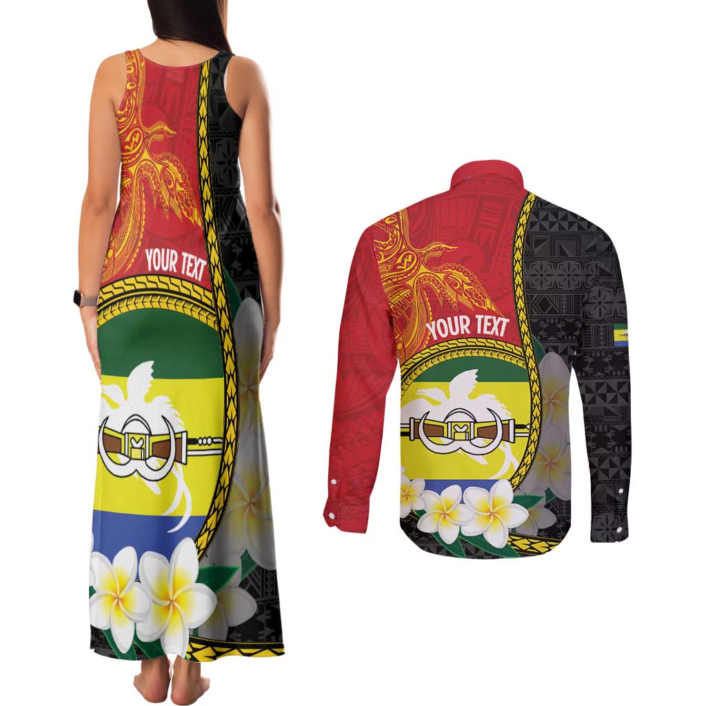 Personalised PNG Morobe Provins Couples Matching Tank Maxi Dress and Long Sleeve Button Shirt Papua New Guinea Plumeria Melanesian Pattern - Polynesian Pride
