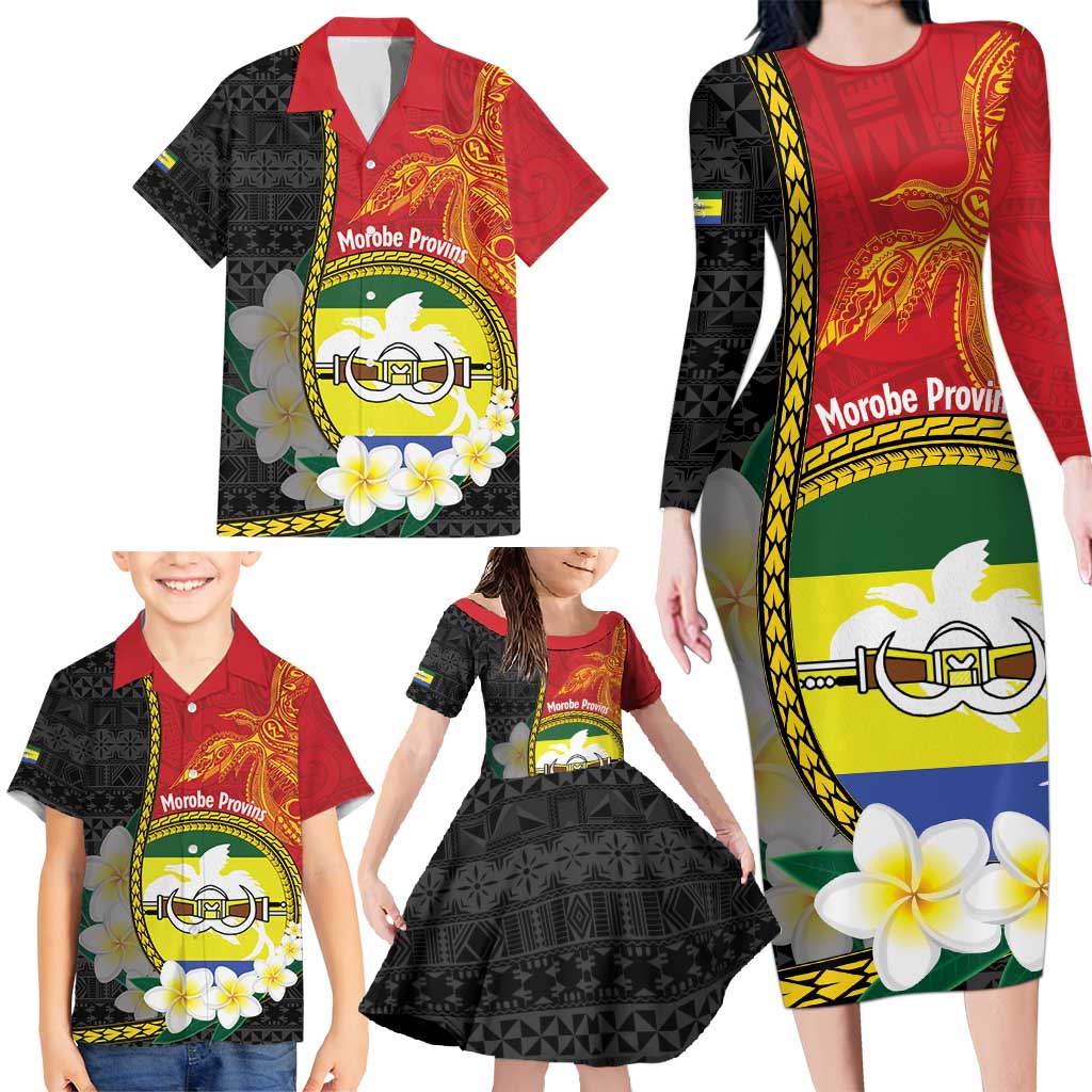 Personalised PNG Morobe Provins Family Matching Long Sleeve Bodycon Dress and Hawaiian Shirt Papua New Guinea Plumeria Melanesian Pattern - Polynesian Pride