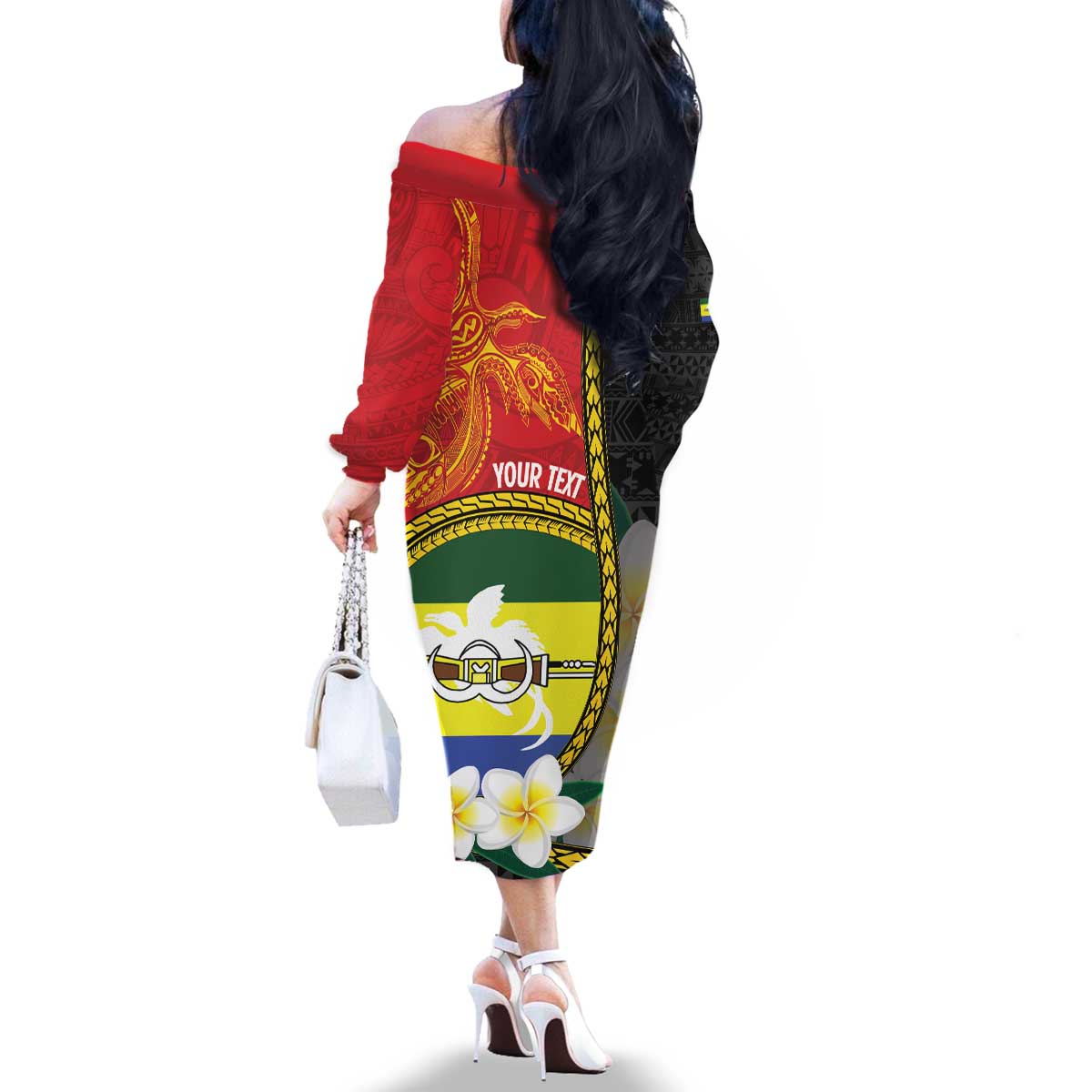 Personalised PNG Morobe Provins Family Matching Off The Shoulder Long Sleeve Dress and Hawaiian Shirt Papua New Guinea Plumeria Melanesian Pattern - Polynesian Pride