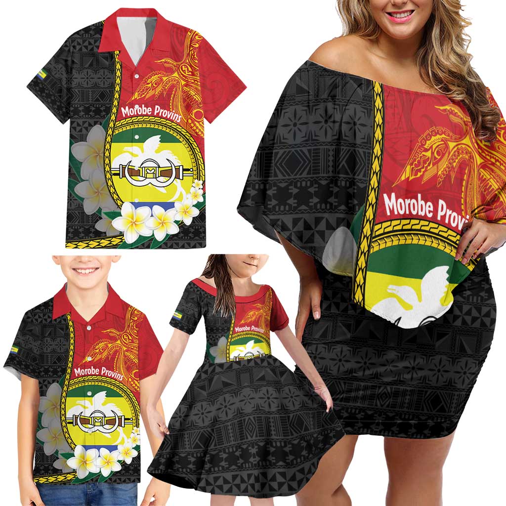 Personalised PNG Morobe Provins Family Matching Off Shoulder Short Dress and Hawaiian Shirt Papua New Guinea Plumeria Melanesian Pattern - Polynesian Pride