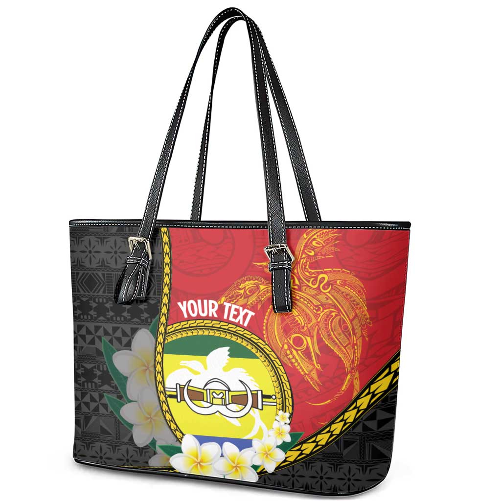 Personalised PNG Morobe Provins Leather Tote Bag Papua New Guinea Plumeria Melanesian Pattern - Polynesian Pride