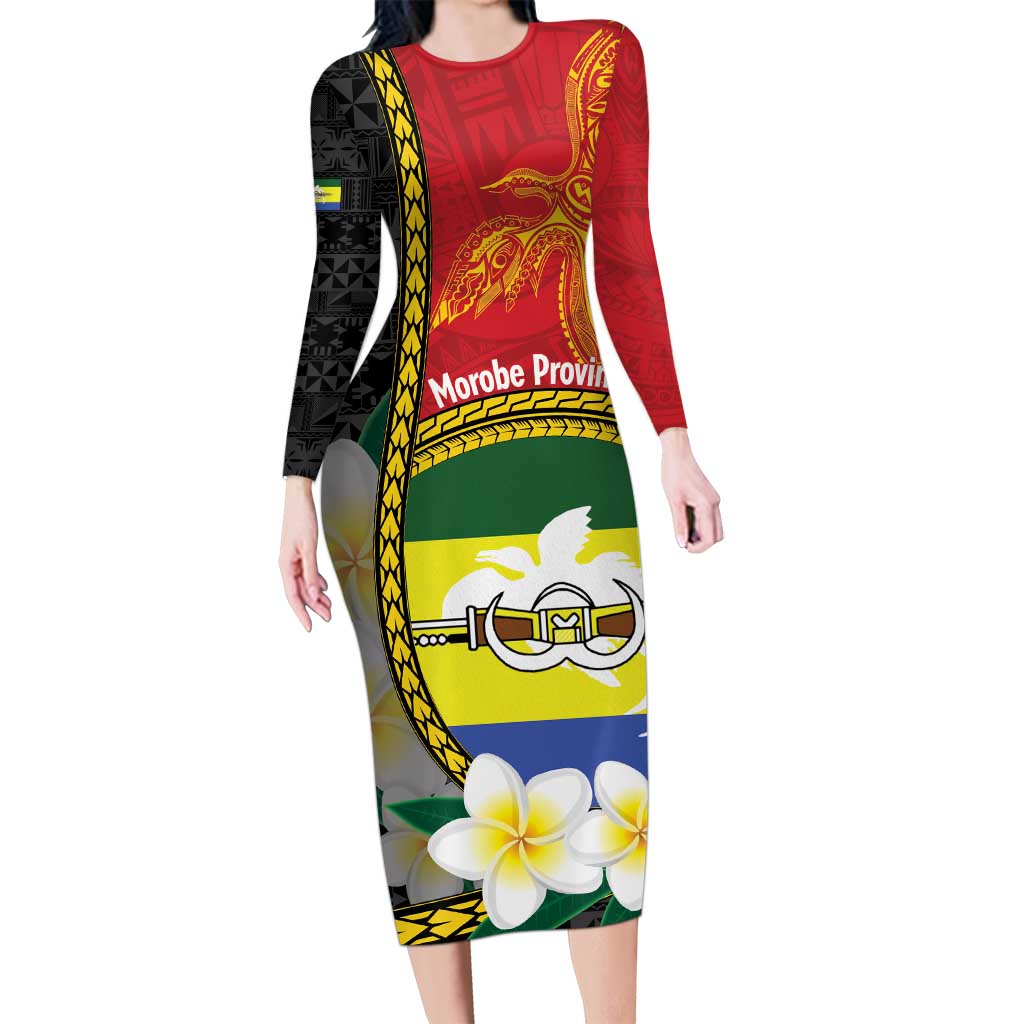 Personalised PNG Morobe Provins Long Sleeve Bodycon Dress Papua New Guinea Plumeria Melanesian Pattern - Polynesian Pride