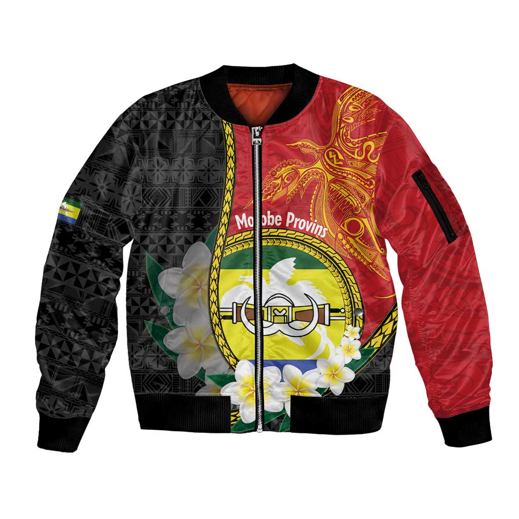 Personalised PNG Morobe Provins Sleeve Zip Bomber Jacket Papua New Guinea Plumeria Melanesian Pattern - Polynesian Pride
