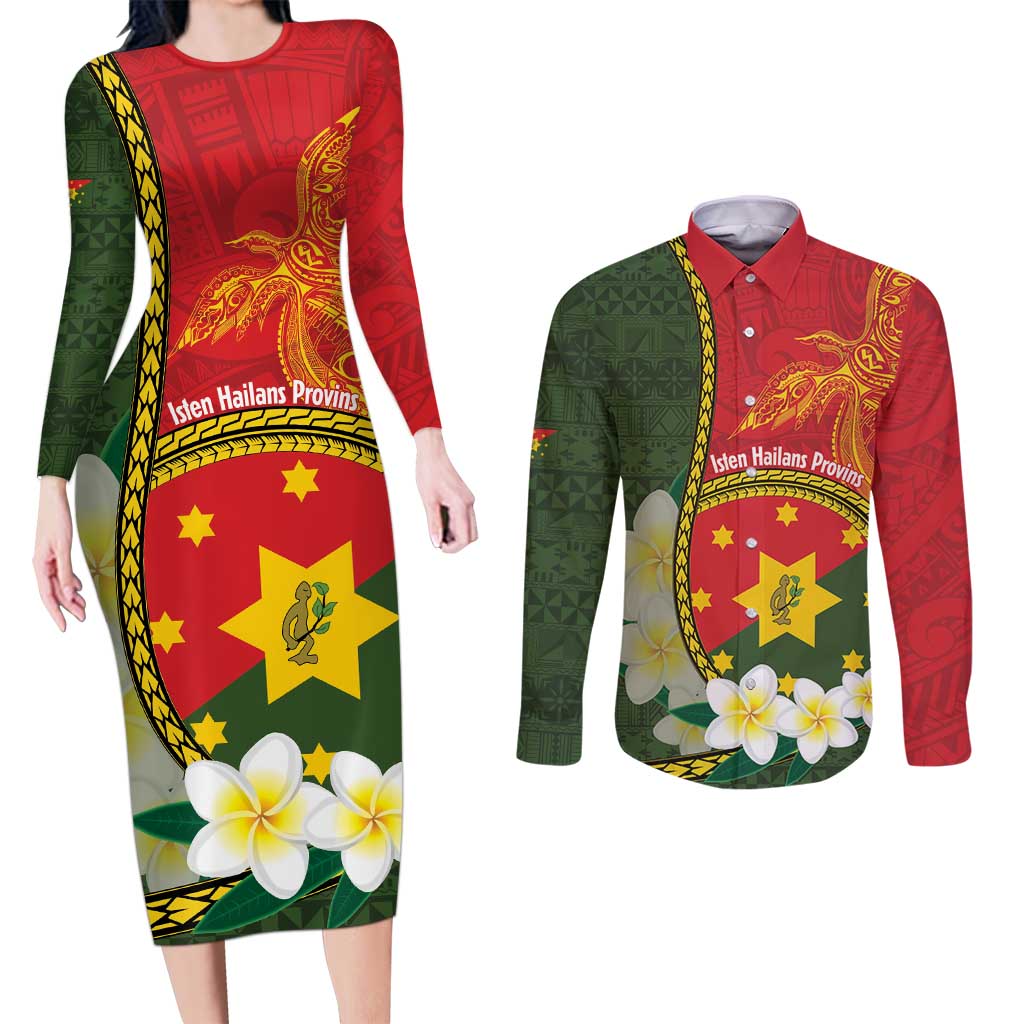 Personalised PNG Isten Hailans Provins Couples Matching Long Sleeve Bodycon Dress and Long Sleeve Button Shirt Papua New Guinea Plumeria Melanesian Pattern LT14 Green - Polynesian Pride