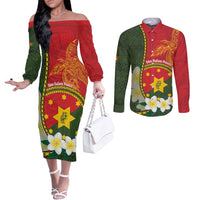 Personalised PNG Isten Hailans Provins Couples Matching Off The Shoulder Long Sleeve Dress and Long Sleeve Button Shirt Papua New Guinea Plumeria Melanesian Pattern LT14 Green - Polynesian Pride
