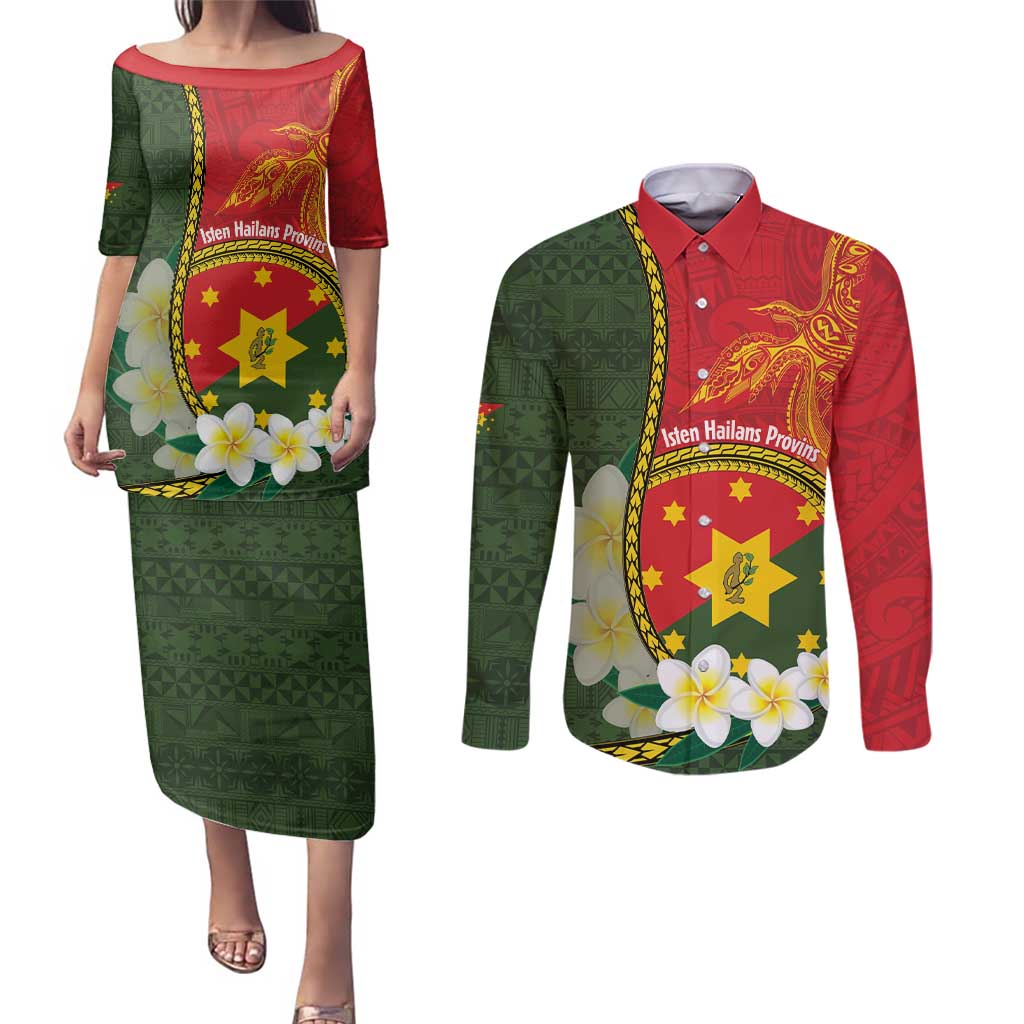 Personalised PNG Isten Hailans Provins Couples Matching Puletasi and Long Sleeve Button Shirt Papua New Guinea Plumeria Melanesian Pattern - Polynesian Pride