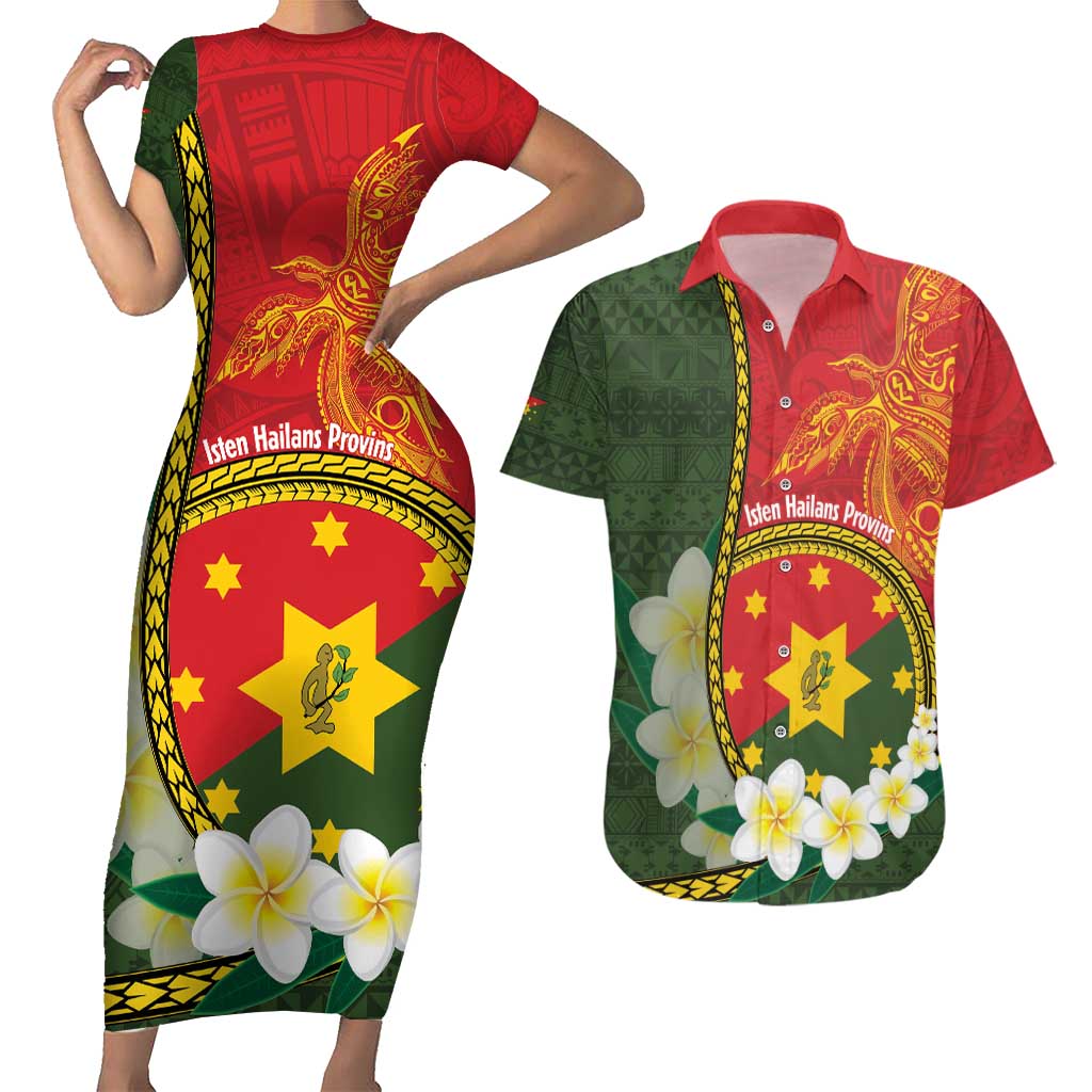Personalised PNG Isten Hailans Provins Couples Matching Short Sleeve Bodycon Dress and Hawaiian Shirt Papua New Guinea Plumeria Melanesian Pattern - Polynesian Pride