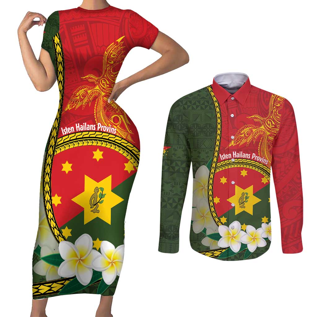 Personalised PNG Isten Hailans Provins Couples Matching Short Sleeve Bodycon Dress and Long Sleeve Button Shirt Papua New Guinea Plumeria Melanesian Pattern LT14 Green - Polynesian Pride