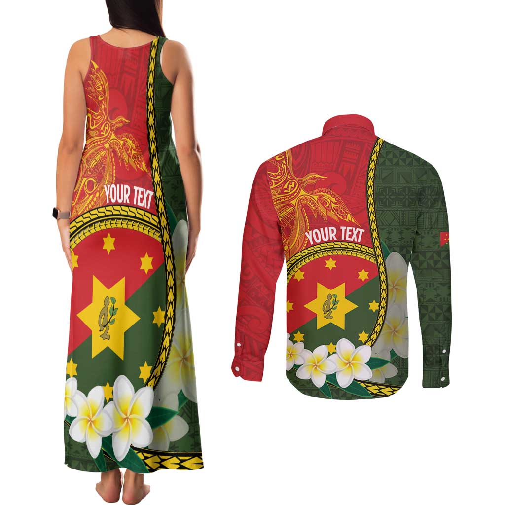 Personalised PNG Isten Hailans Provins Couples Matching Tank Maxi Dress and Long Sleeve Button Shirt Papua New Guinea Plumeria Melanesian Pattern - Polynesian Pride