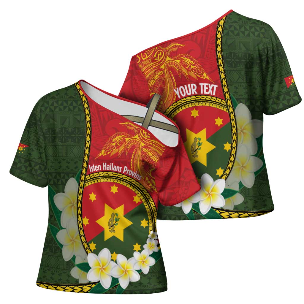 Personalised PNG Isten Hailans Provins Cross Shoulder Shirt Papua New Guinea Plumeria Melanesian Pattern - Polynesian Pride
