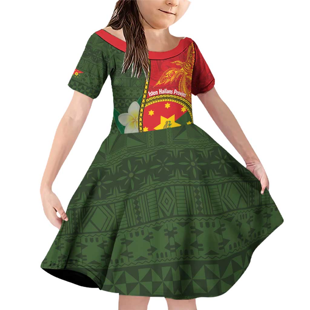 Personalised PNG Isten Hailans Provins Family Matching Off Shoulder Short Dress and Hawaiian Shirt Papua New Guinea Plumeria Melanesian Pattern LT14 Daughter's Dress Green - Polynesian Pride