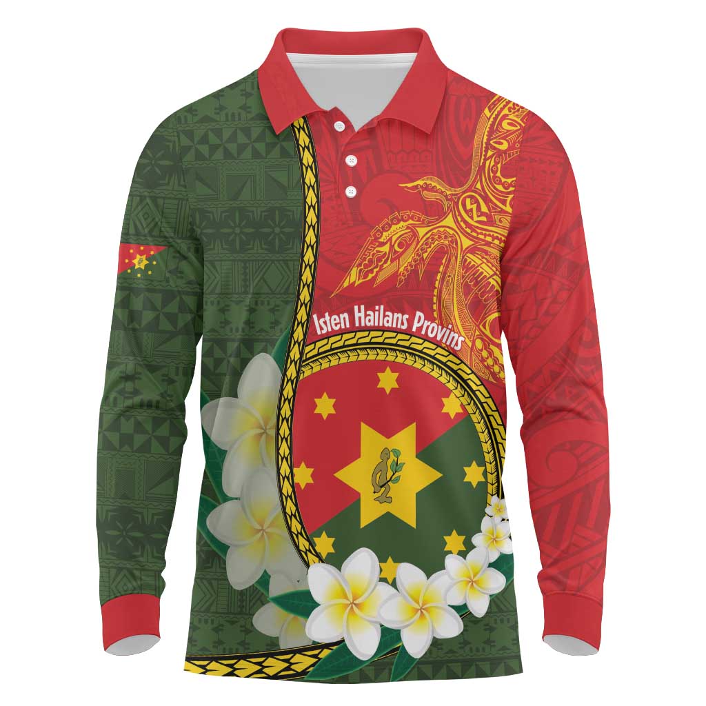 Personalised PNG Isten Hailans Provins Long Sleeve Polo Shirt Papua New Guinea Plumeria Melanesian Pattern - Polynesian Pride