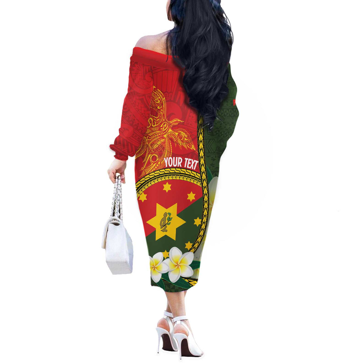 Personalised PNG Isten Hailans Provins Off The Shoulder Long Sleeve Dress Papua New Guinea Plumeria Melanesian Pattern - Polynesian Pride