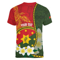 Personalised PNG Isten Hailans Provins Women V-Neck T-Shirt Papua New Guinea Plumeria Melanesian Pattern LT14 - Polynesian Pride