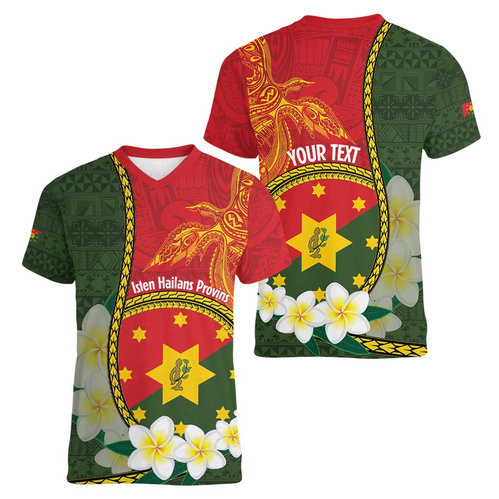 Personalised PNG Isten Hailans Provins Women V-Neck T-Shirt Papua New Guinea Plumeria Melanesian Pattern LT14 - Polynesian Pride
