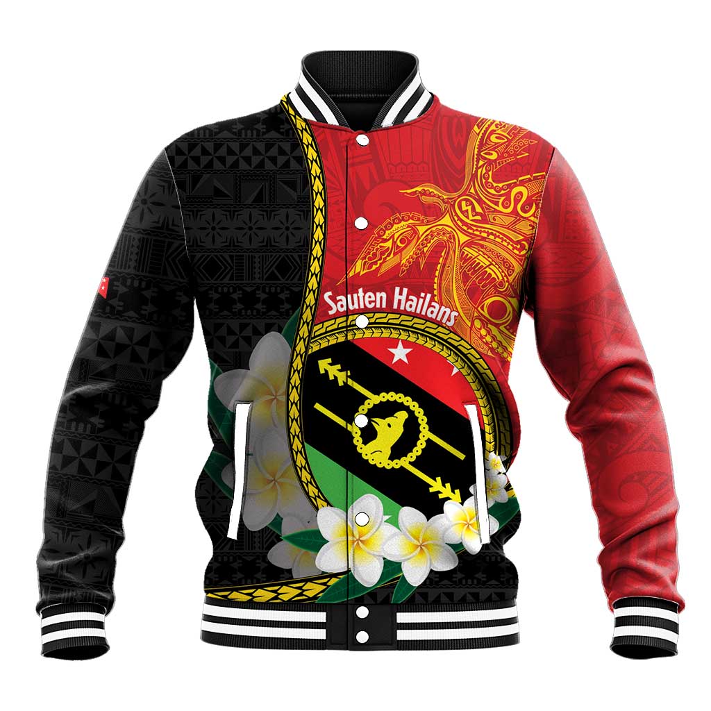 Personalised PNG Sauten Hailans Baseball Jacket Papua New Guinea Plumeria Melanesian Pattern - Polynesian Pride