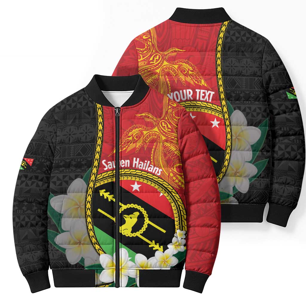 Personalised PNG Sauten Hailans Bomber Puffer Jacket Papua New Guinea Plumeria Melanesian Pattern - Polynesian Pride