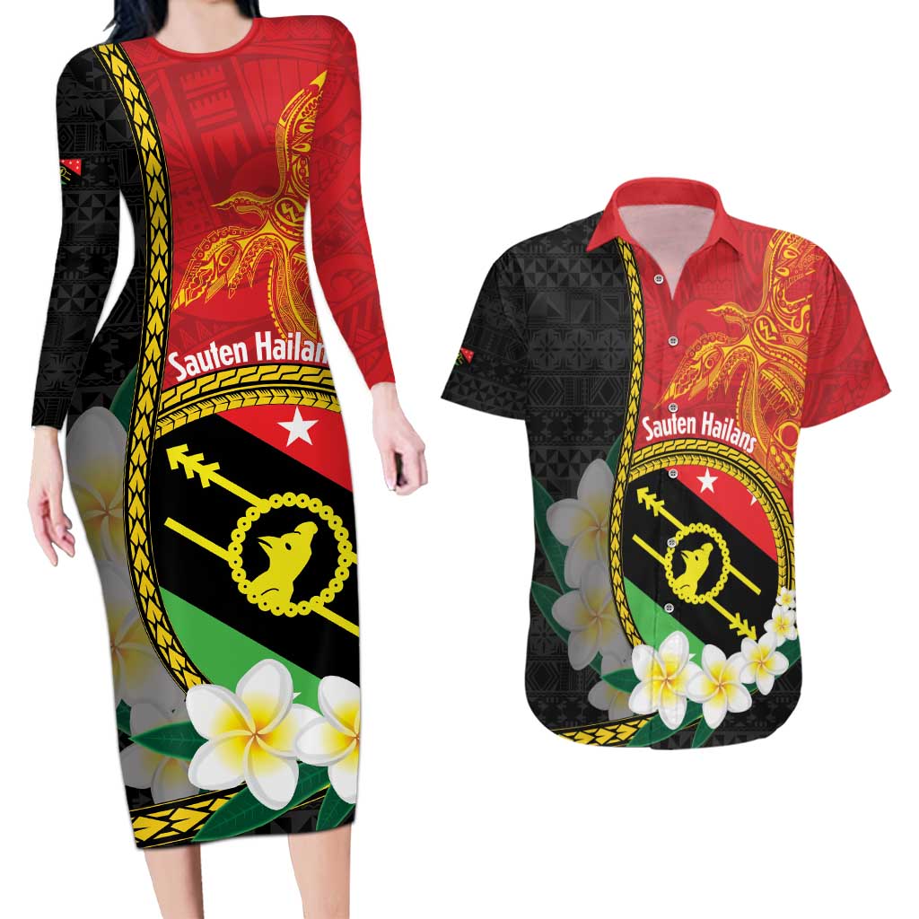 Personalised PNG Sauten Hailans Couples Matching Long Sleeve Bodycon Dress and Hawaiian Shirt Papua New Guinea Plumeria Melanesian Pattern - Polynesian Pride