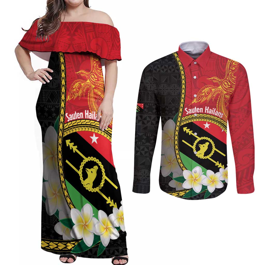Personalised PNG Sauten Hailans Couples Matching Off Shoulder Maxi Dress and Long Sleeve Button Shirt Papua New Guinea Plumeria Melanesian Pattern - Polynesian Pride
