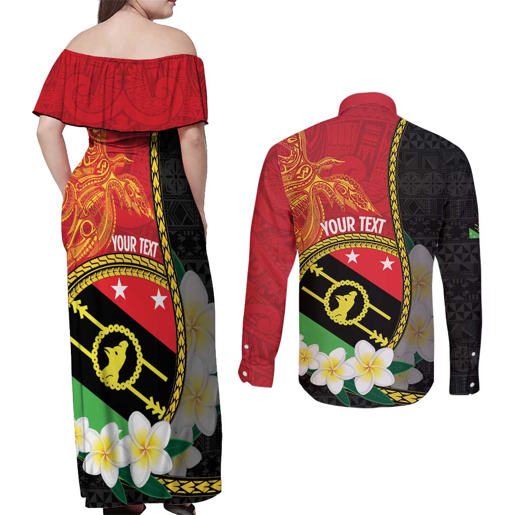 Personalised PNG Sauten Hailans Couples Matching Off Shoulder Maxi Dress and Long Sleeve Button Shirt Papua New Guinea Plumeria Melanesian Pattern - Polynesian Pride