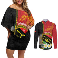 Personalised PNG Sauten Hailans Couples Matching Off Shoulder Short Dress and Long Sleeve Button Shirt Papua New Guinea Plumeria Melanesian Pattern - Polynesian Pride