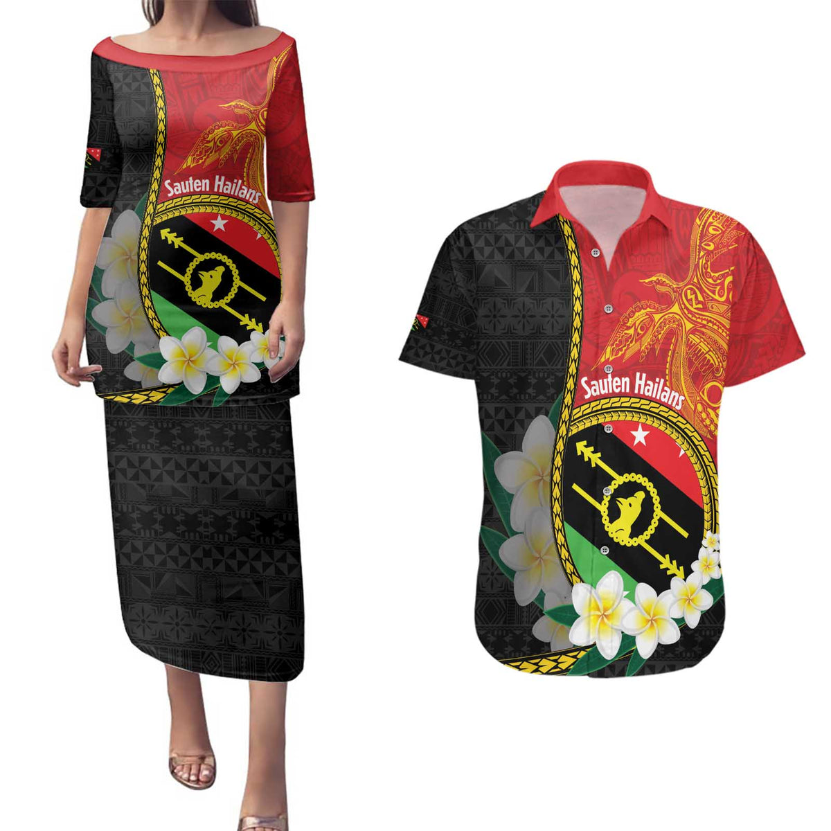 Personalised PNG Sauten Hailans Couples Matching Puletasi and Hawaiian Shirt Papua New Guinea Plumeria Melanesian Pattern - Polynesian Pride