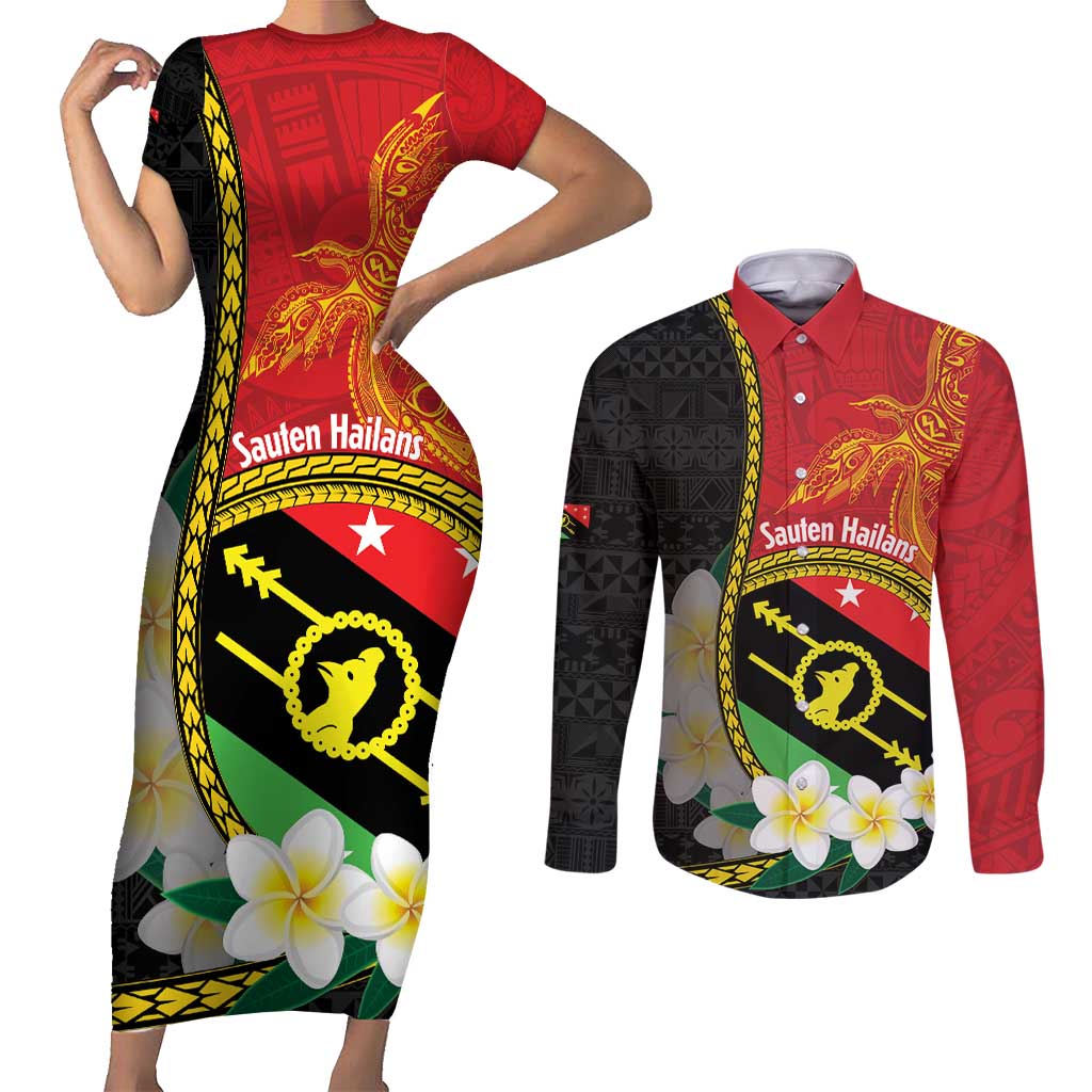 Personalised PNG Sauten Hailans Couples Matching Short Sleeve Bodycon Dress and Long Sleeve Button Shirt Papua New Guinea Plumeria Melanesian Pattern - Polynesian Pride