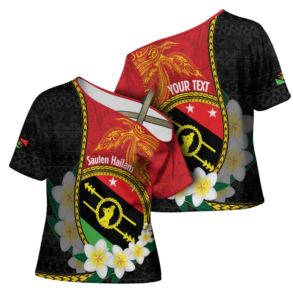 Personalised PNG Sauten Hailans Cross Shoulder Shirt Papua New Guinea Plumeria Melanesian Pattern - Polynesian Pride