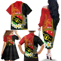 Personalised PNG Sauten Hailans Family Matching Off The Shoulder Long Sleeve Dress and Hawaiian Shirt Papua New Guinea Plumeria Melanesian Pattern - Polynesian Pride