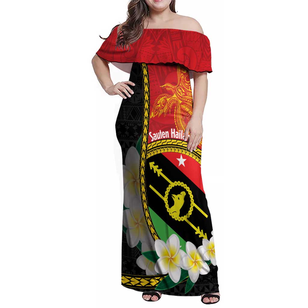Personalised PNG Sauten Hailans Family Matching Off Shoulder Maxi Dress and Hawaiian Shirt Papua New Guinea Plumeria Melanesian Pattern - Polynesian Pride
