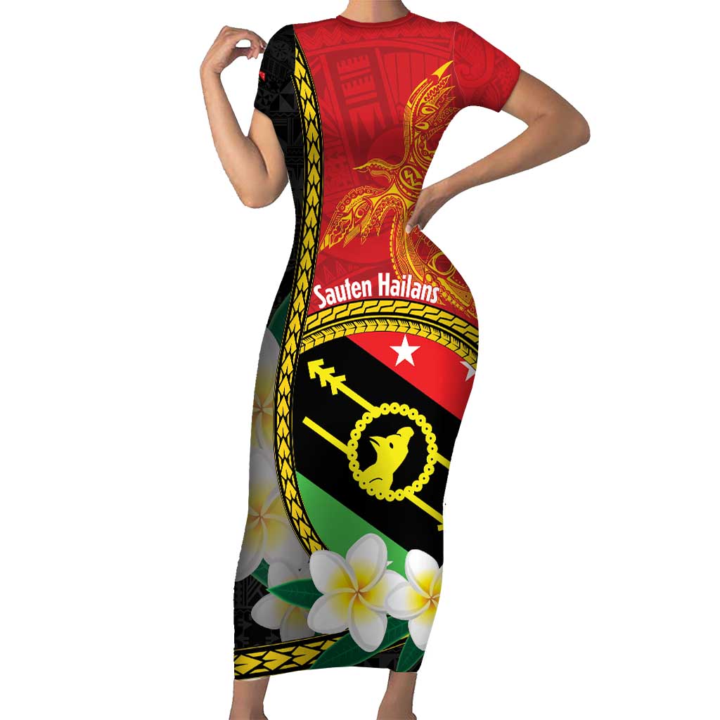 Personalised PNG Sauten Hailans Family Matching Short Sleeve Bodycon Dress and Hawaiian Shirt Papua New Guinea Plumeria Melanesian Pattern - Polynesian Pride