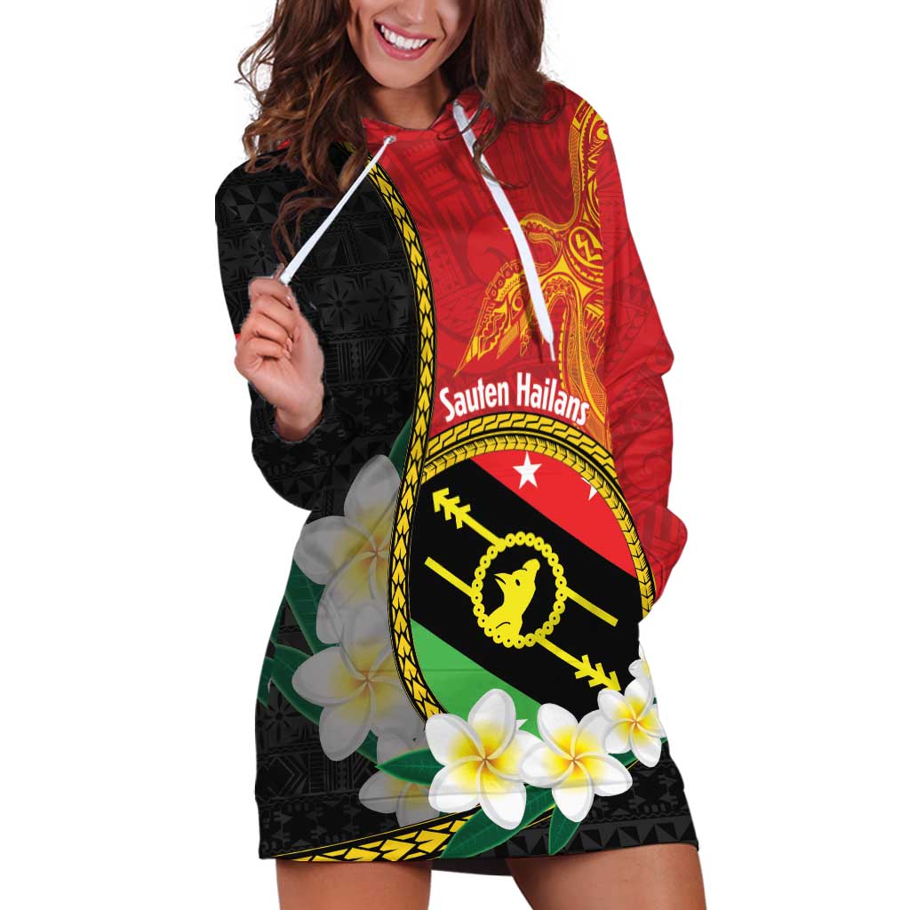 Personalised PNG Sauten Hailans Hoodie Dress Papua New Guinea Plumeria Melanesian Pattern - Polynesian Pride