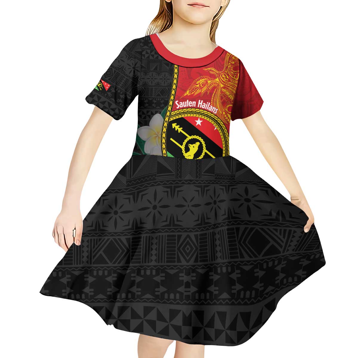 Personalised PNG Sauten Hailans Kid Short Sleeve Dress Papua New Guinea Plumeria Melanesian Pattern - Polynesian Pride