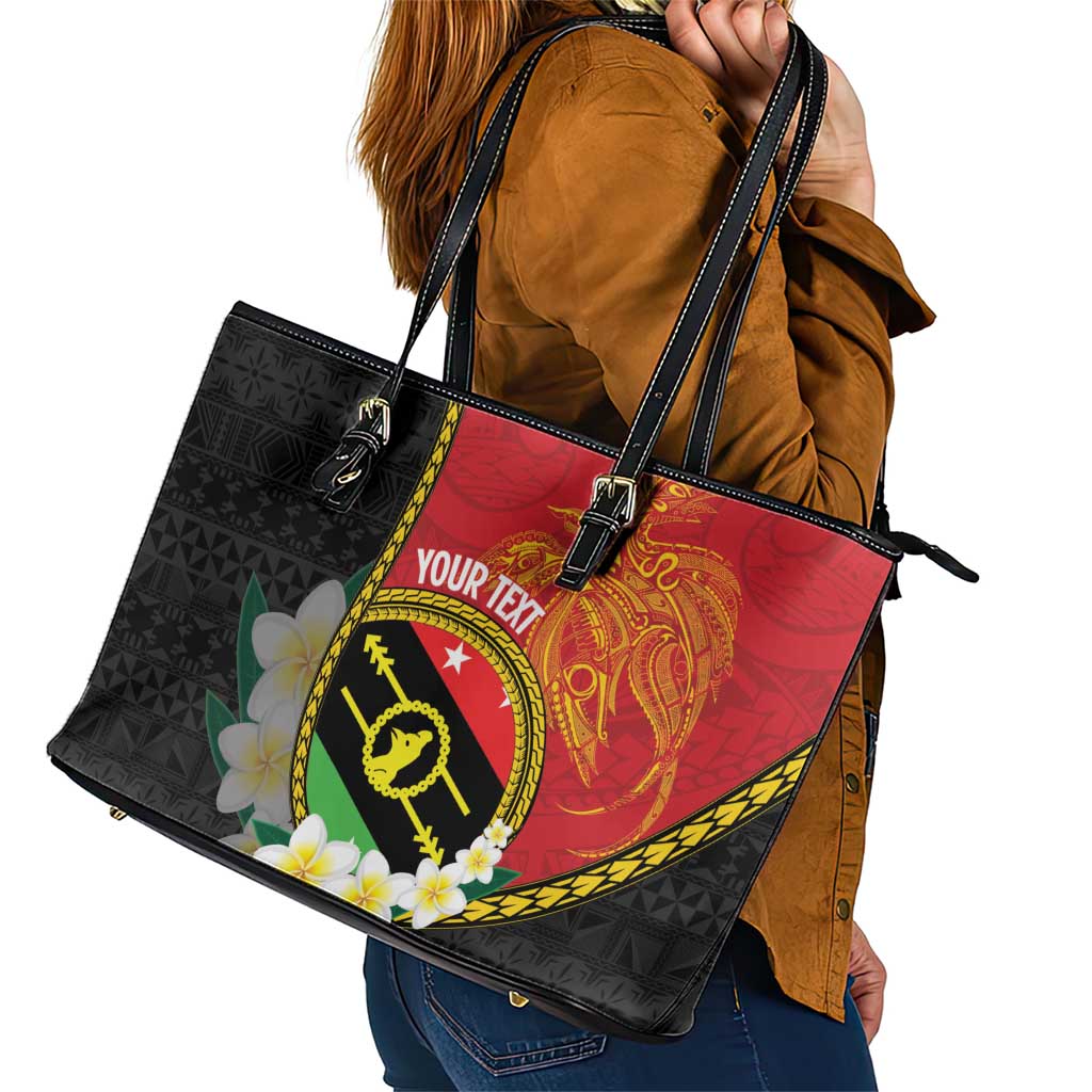 Personalised PNG Sauten Hailans Leather Tote Bag Papua New Guinea Plumeria Melanesian Pattern - Polynesian Pride