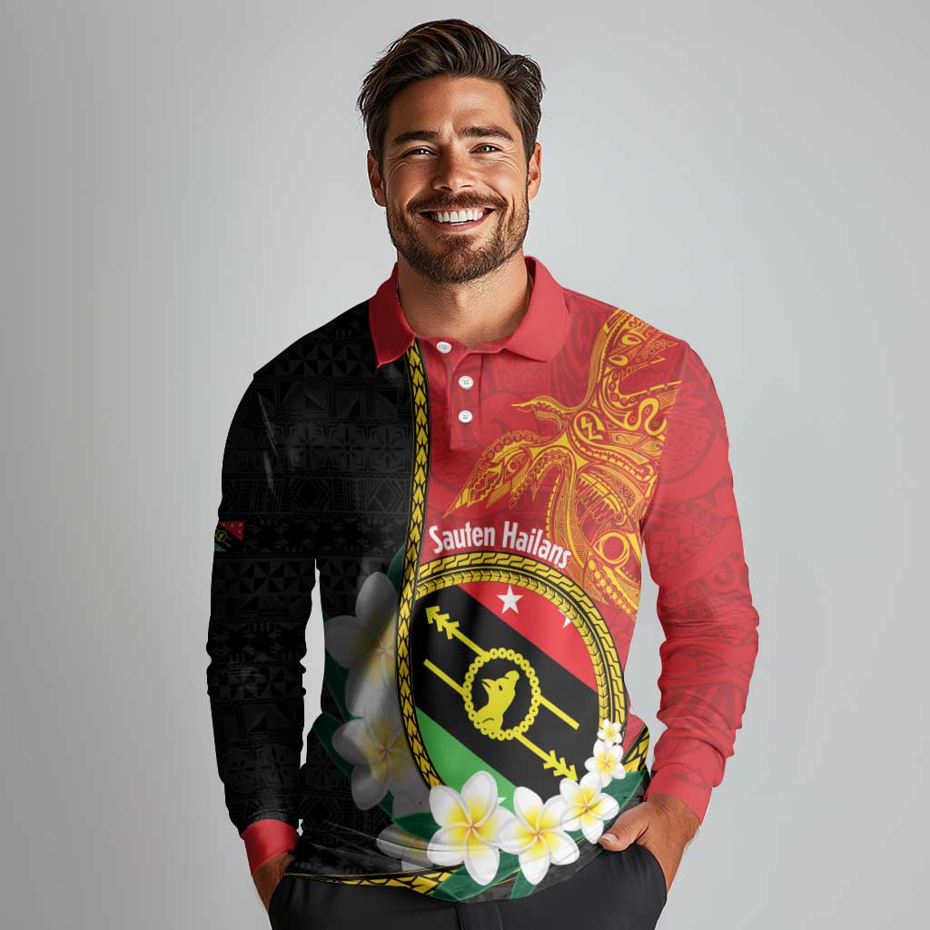 Personalised PNG Sauten Hailans Long Sleeve Polo Shirt Papua New Guinea Plumeria Melanesian Pattern - Polynesian Pride