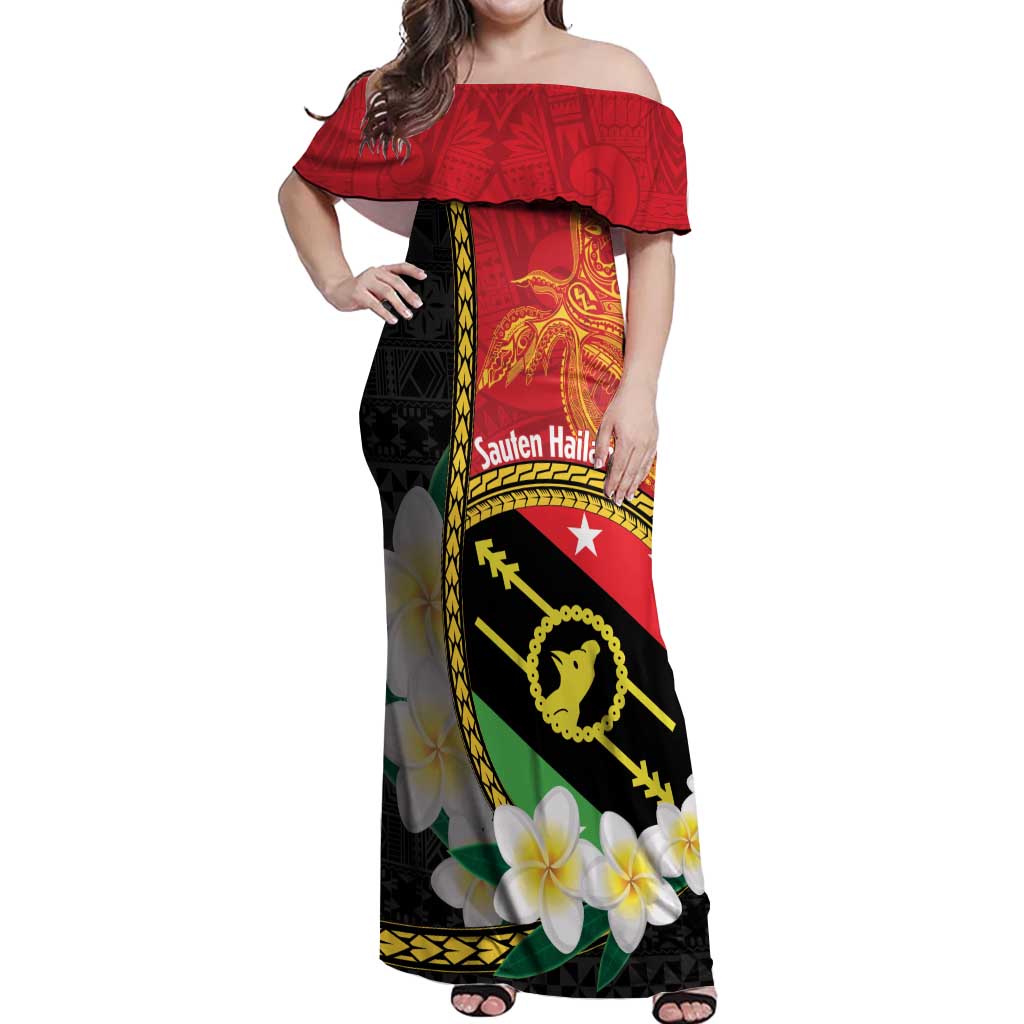 Personalised PNG Sauten Hailans Off Shoulder Maxi Dress Papua New Guinea Plumeria Melanesian Pattern - Polynesian Pride