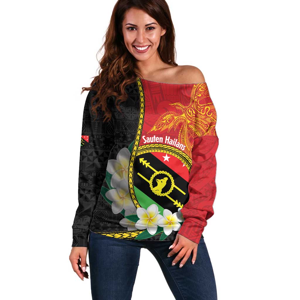 Personalised PNG Sauten Hailans Off Shoulder Sweater Papua New Guinea Plumeria Melanesian Pattern - Polynesian Pride