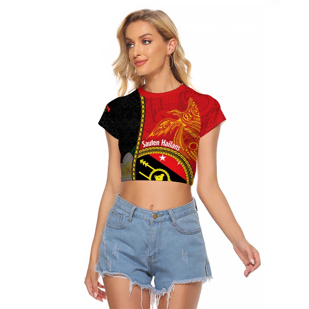 Personalised PNG Sauten Hailans Raglan Cropped T Shirt Papua New Guinea Plumeria Melanesian Pattern - Polynesian Pride