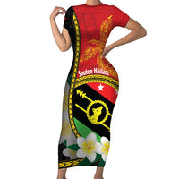 Personalised PNG Sauten Hailans Short Sleeve Bodycon Dress Papua New Guinea Plumeria Melanesian Pattern - Polynesian Pride