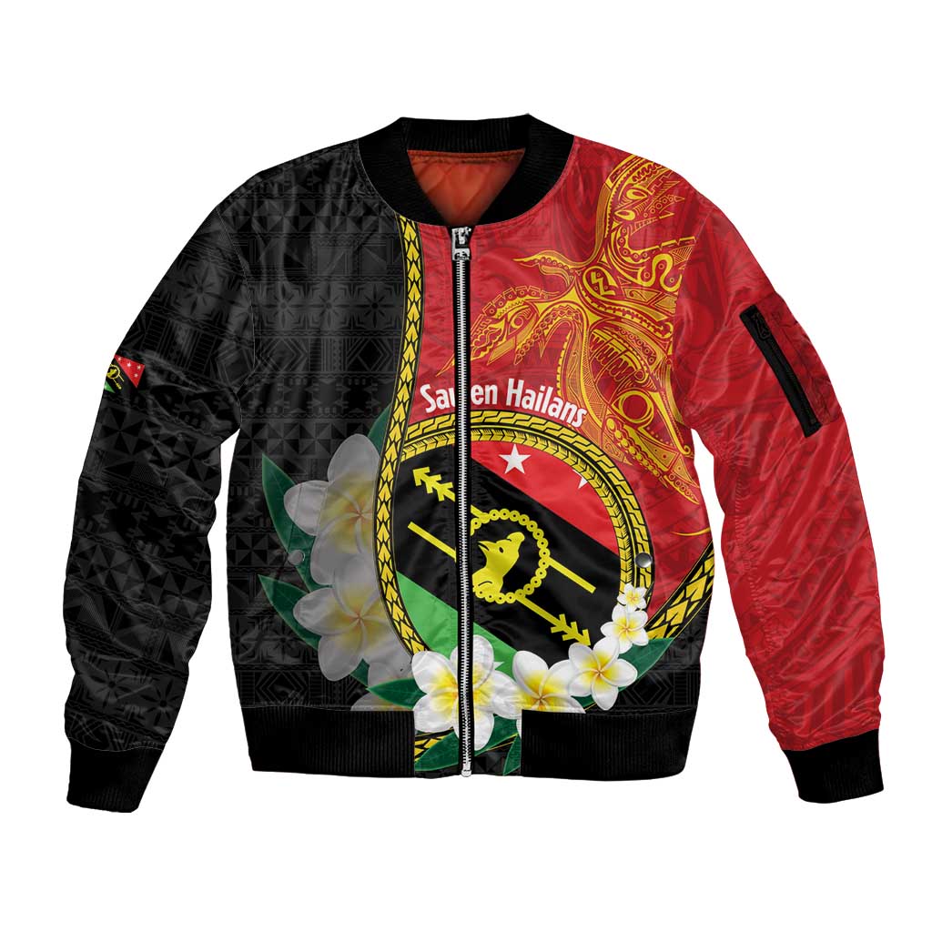 Personalised PNG Sauten Hailans Sleeve Zip Bomber Jacket Papua New Guinea Plumeria Melanesian Pattern - Polynesian Pride