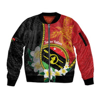 Personalised PNG Sauten Hailans Sleeve Zip Bomber Jacket Papua New Guinea Plumeria Melanesian Pattern - Polynesian Pride