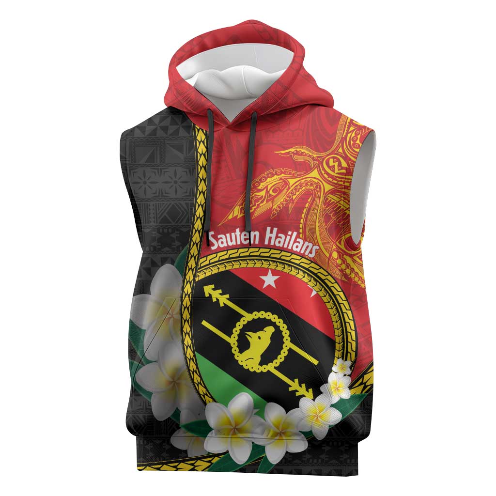 Personalised PNG Sauten Hailans Sleeveless Hoodie Papua New Guinea Plumeria Melanesian Pattern - Polynesian Pride