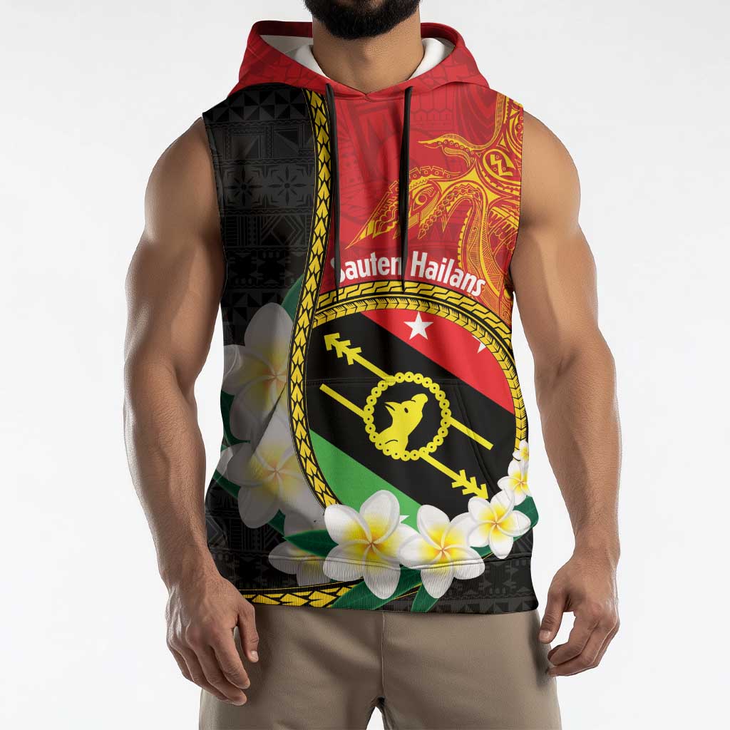 Personalised PNG Sauten Hailans Sleeveless Hoodie Papua New Guinea Plumeria Melanesian Pattern - Polynesian Pride