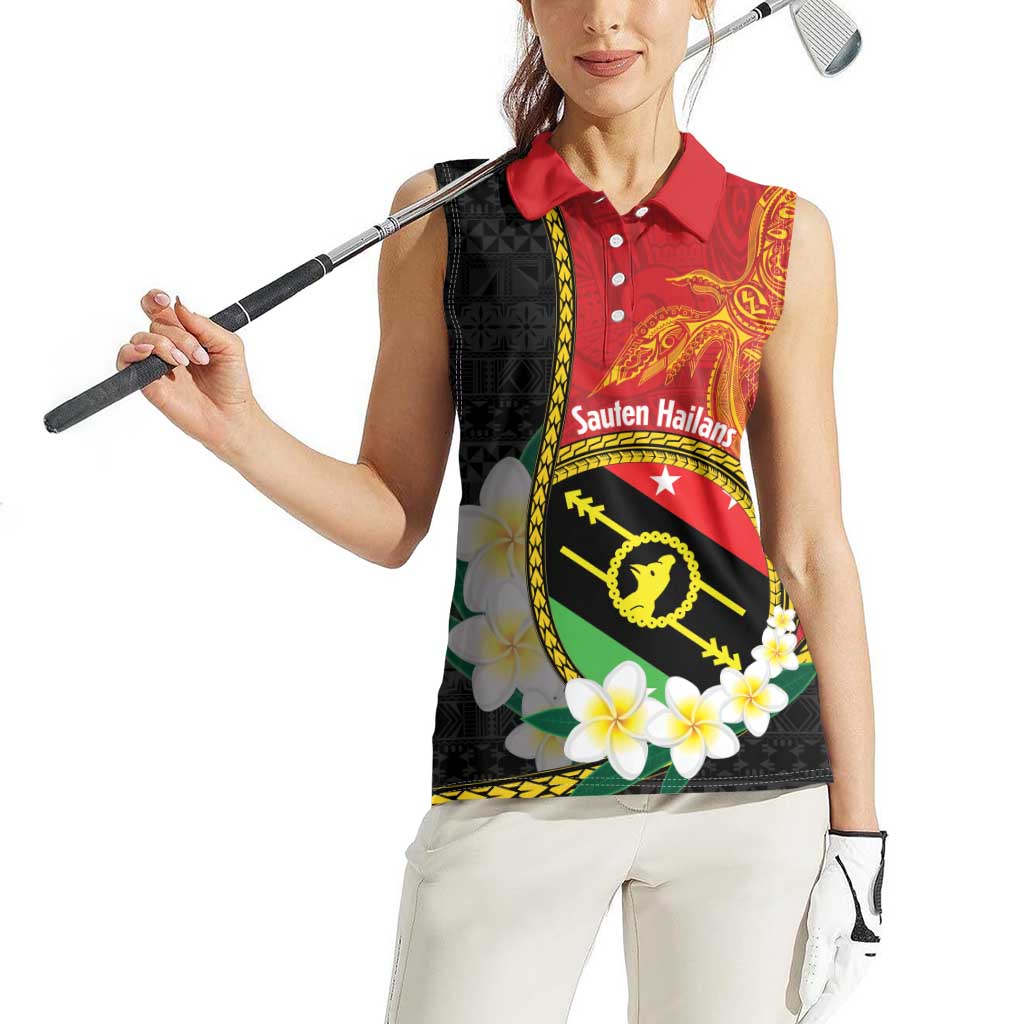 Personalised PNG Sauten Hailans Women Sleeveless Polo Shirt Papua New Guinea Plumeria Melanesian Pattern LT14 - Polynesian Pride