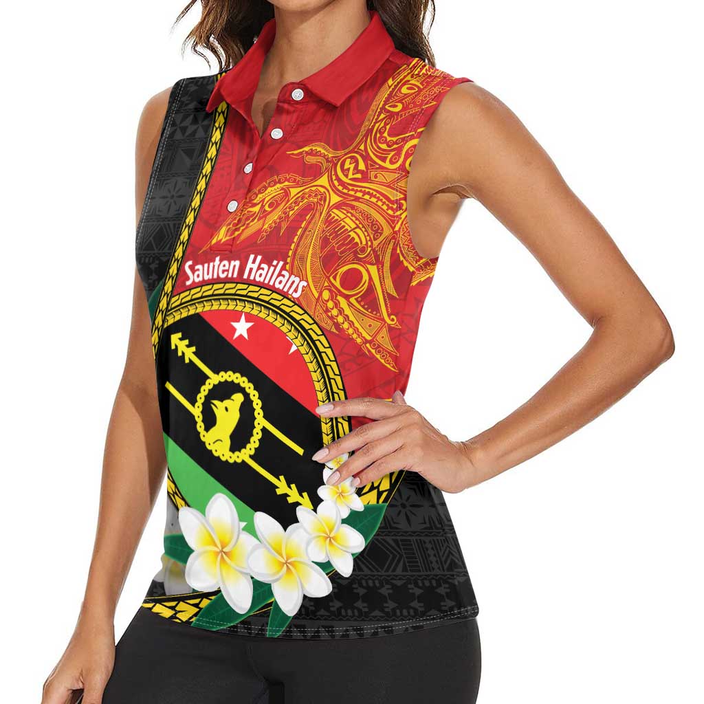 Personalised PNG Sauten Hailans Women Sleeveless Polo Shirt Papua New Guinea Plumeria Melanesian Pattern LT14 - Polynesian Pride