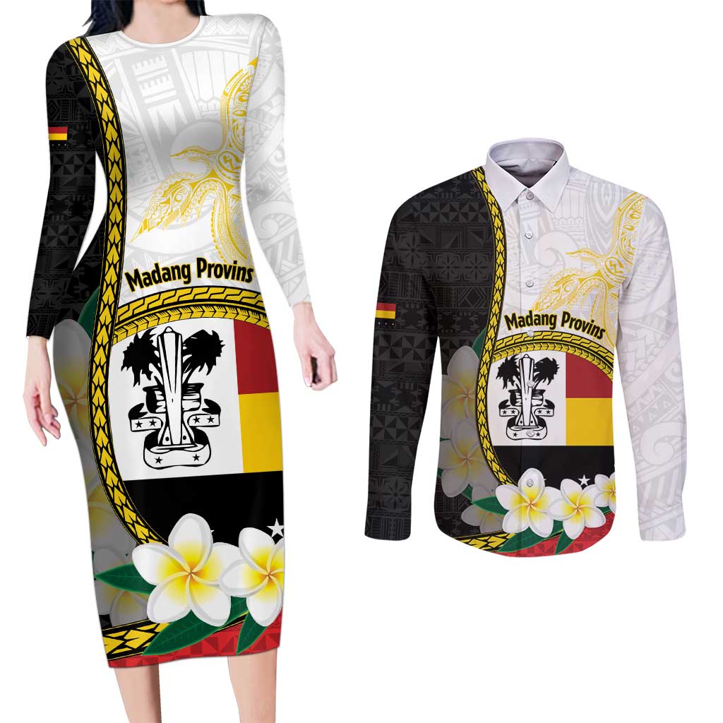 Personalised PNG Madang Provins Couples Matching Long Sleeve Bodycon Dress and Long Sleeve Button Shirt Papua New Guinea Plumeria Melanesian Pattern - Polynesian Pride