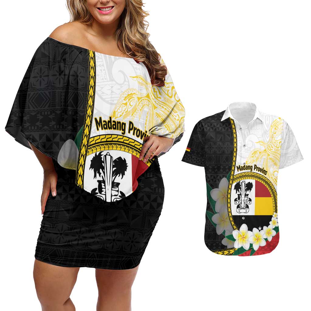 Personalised PNG Madang Provins Couples Matching Off Shoulder Short Dress and Hawaiian Shirt Papua New Guinea Plumeria Melanesian Pattern - Polynesian Pride