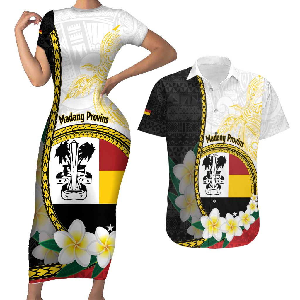 Personalised PNG Madang Provins Couples Matching Short Sleeve Bodycon Dress and Hawaiian Shirt Papua New Guinea Plumeria Melanesian Pattern - Polynesian Pride