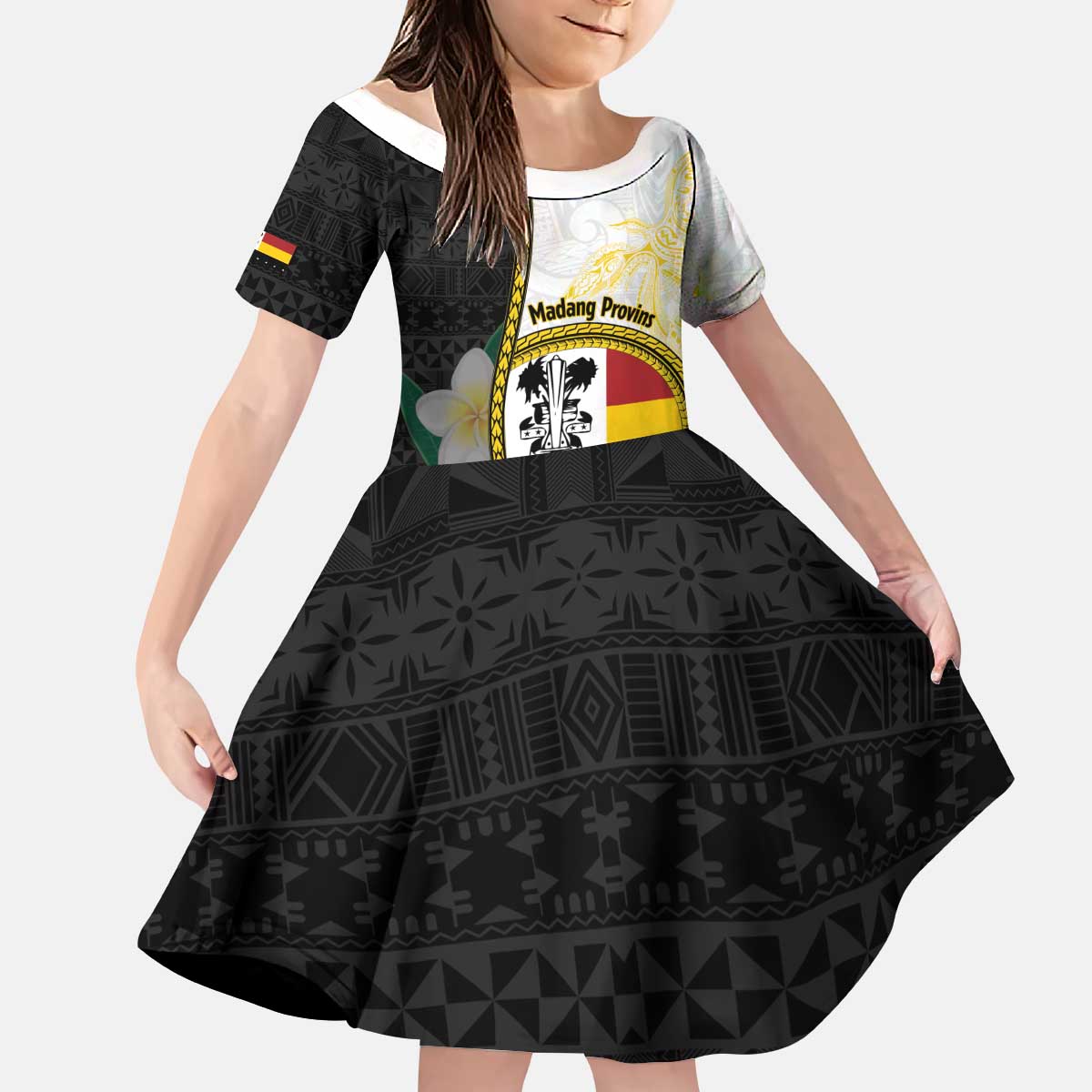 Personalised PNG Madang Provins Kid Short Sleeve Dress Papua New Guinea Plumeria Melanesian Pattern - Polynesian Pride