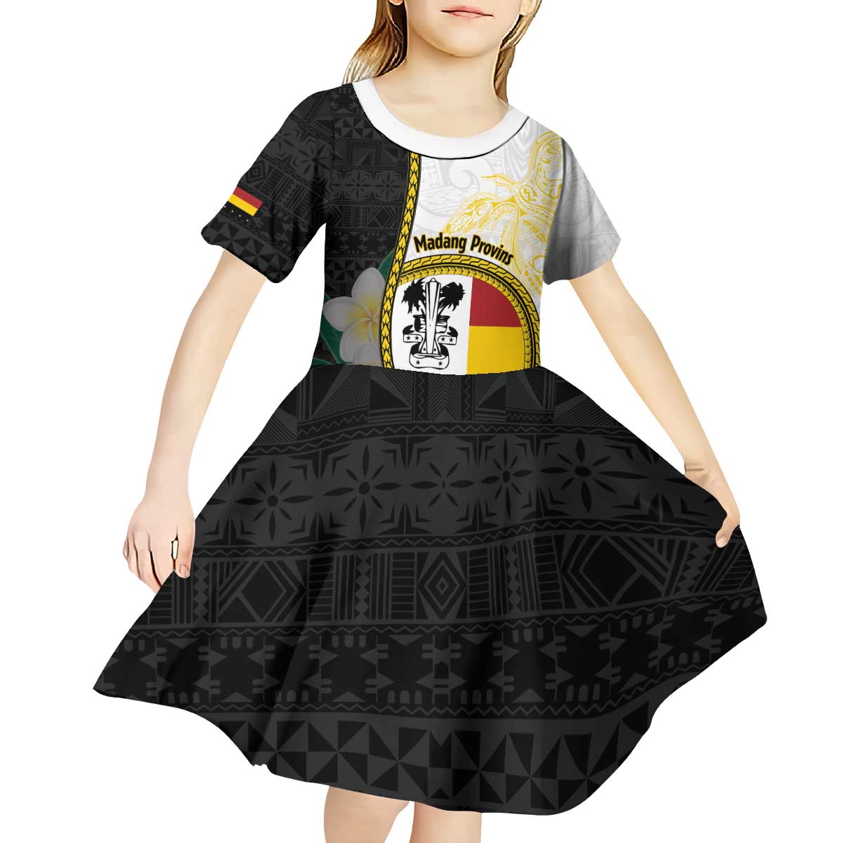 Personalised PNG Madang Provins Kid Short Sleeve Dress Papua New Guinea Plumeria Melanesian Pattern - Polynesian Pride